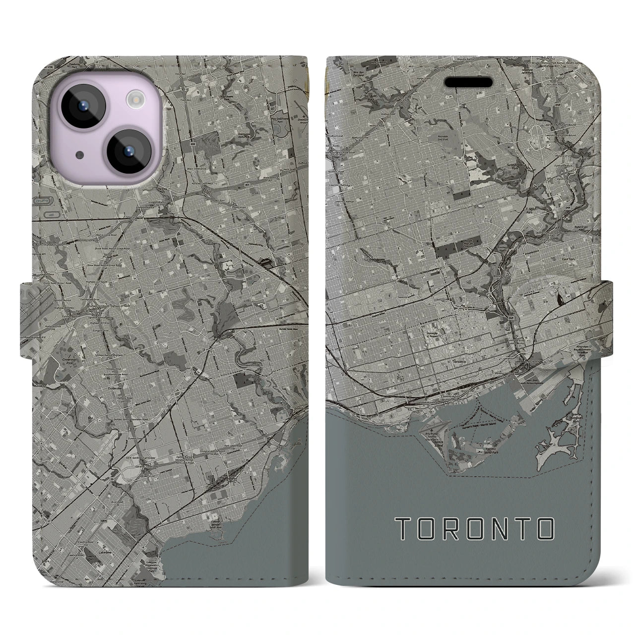 【トロント(カナダ)】地図柄iPhoneケース(手帳タイプ)モノトーン・iPhone 14 用