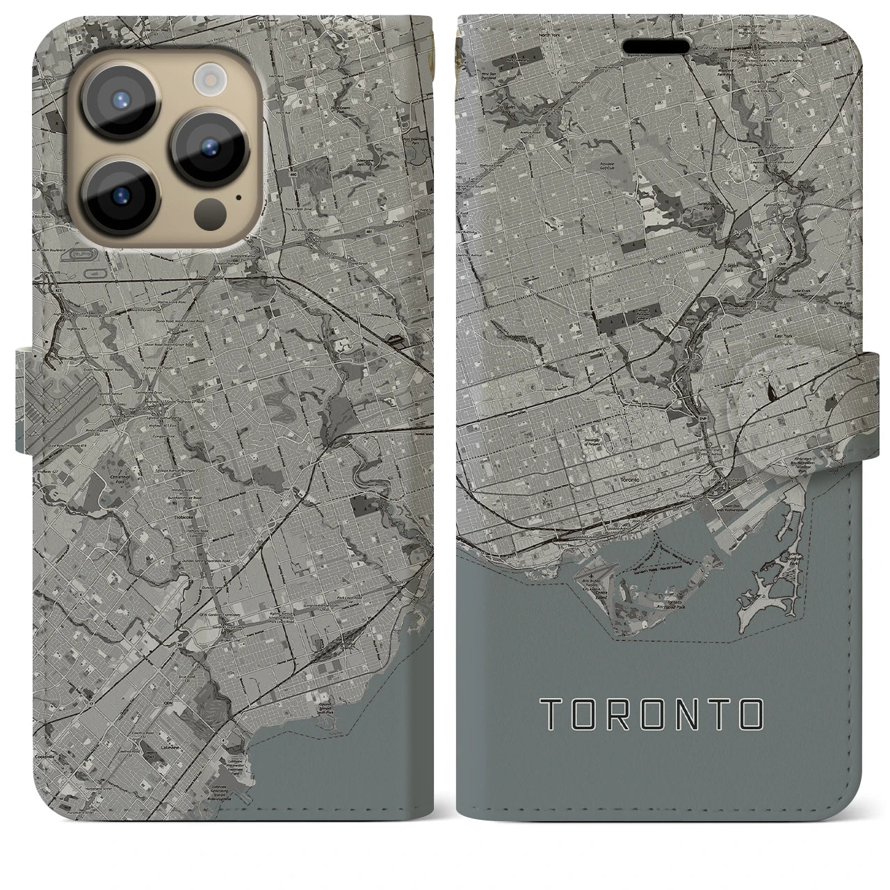 【トロント(カナダ)】地図柄iPhoneケース(手帳タイプ)モノトーン・iPhone 14 Pro Max 用