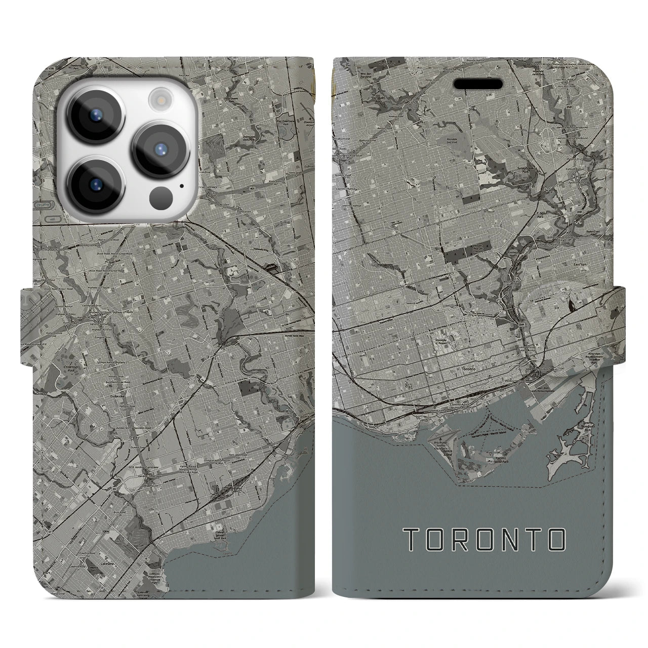 【トロント(カナダ)】地図柄iPhoneケース(手帳タイプ)モノトーン・iPhone 14 Pro 用