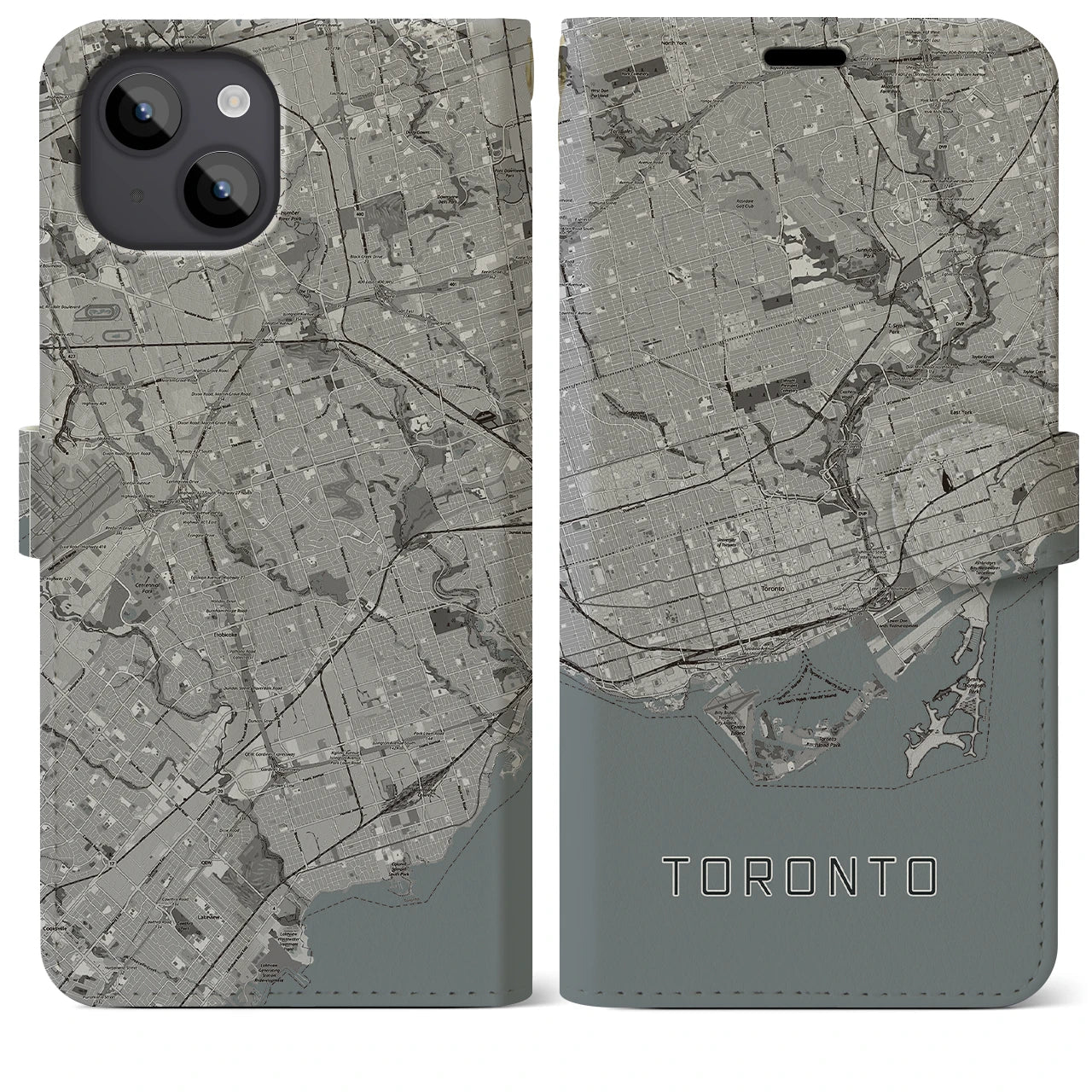 【トロント(カナダ)】地図柄iPhoneケース(手帳タイプ)モノトーン・iPhone 14 Plus 用