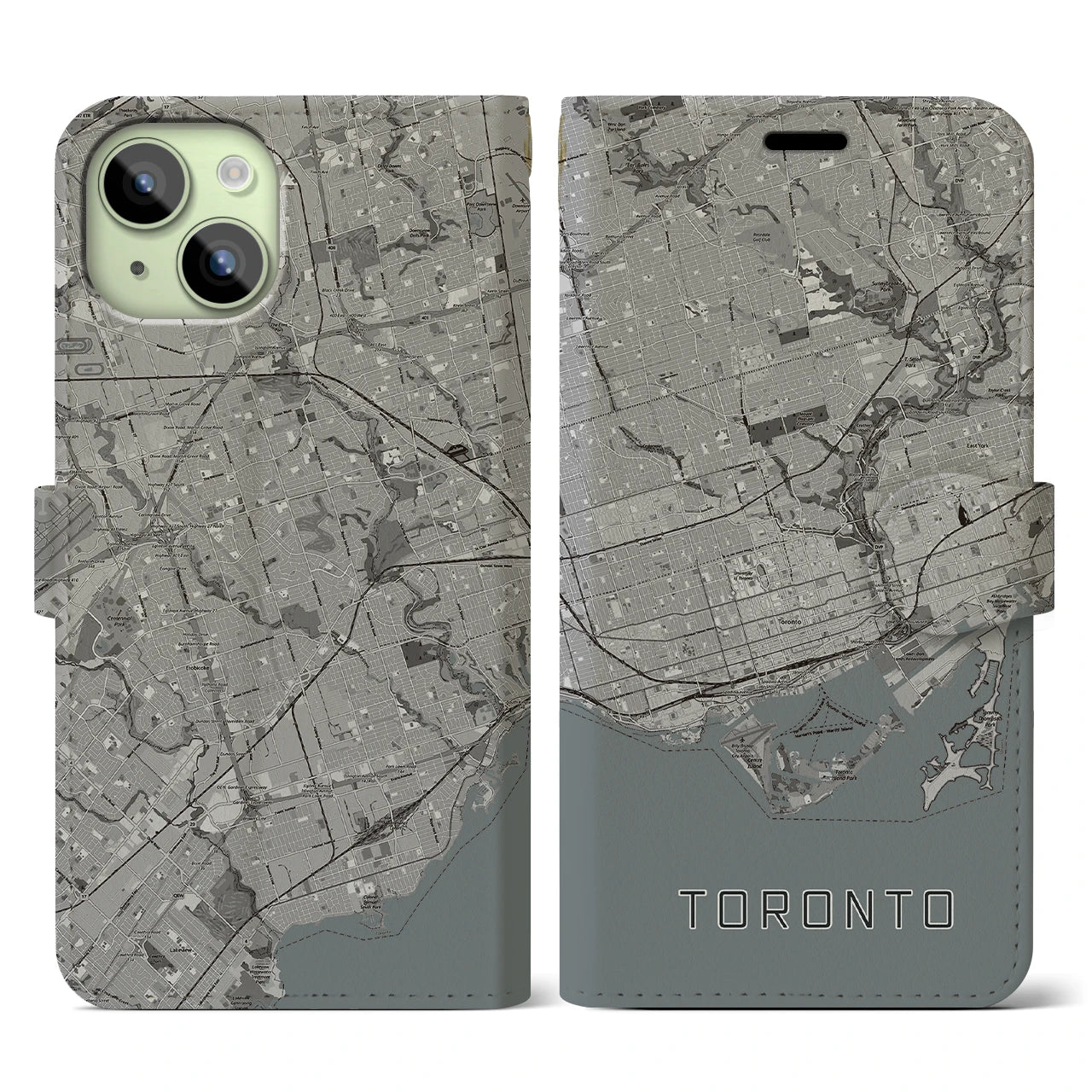 【トロント(カナダ)】地図柄iPhoneケース(手帳タイプ)モノトーン・iPhone 15 用