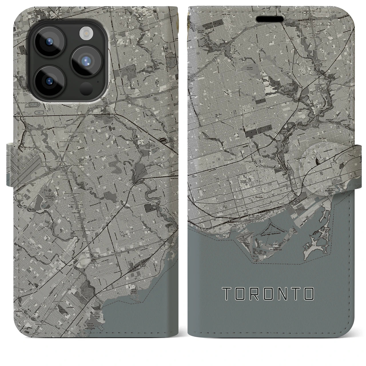 【トロント(カナダ)】地図柄iPhoneケース(手帳タイプ)モノトーン・iPhone 15 Pro Max 用