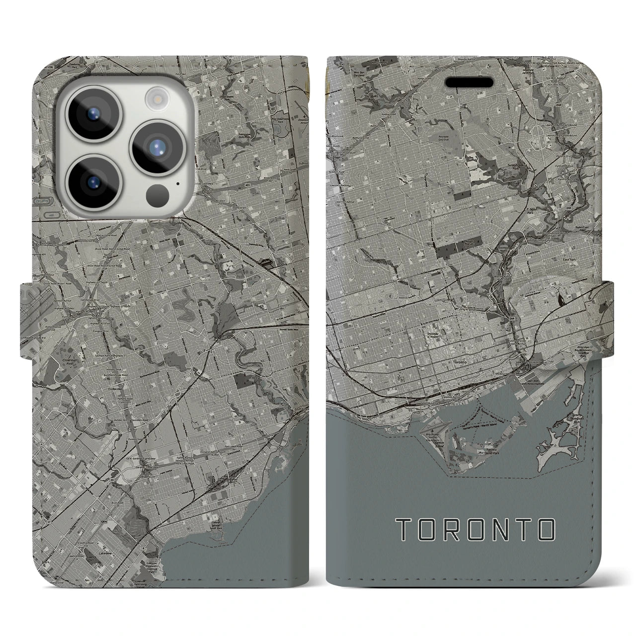 【トロント(カナダ)】地図柄iPhoneケース(手帳タイプ)モノトーン・iPhone 15 Pro 用