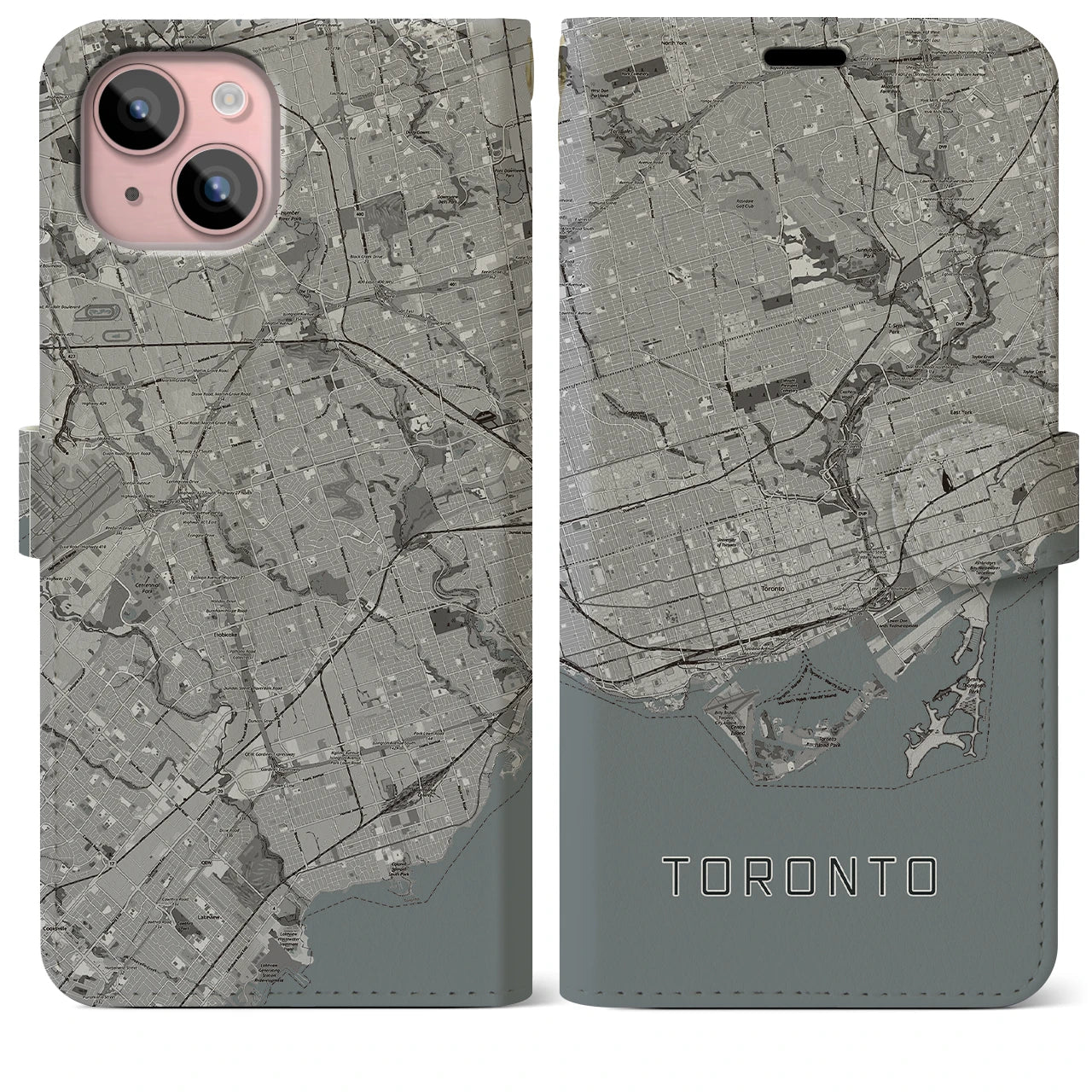 【トロント(カナダ)】地図柄iPhoneケース(手帳タイプ)モノトーン・iPhone 15 Plus 用