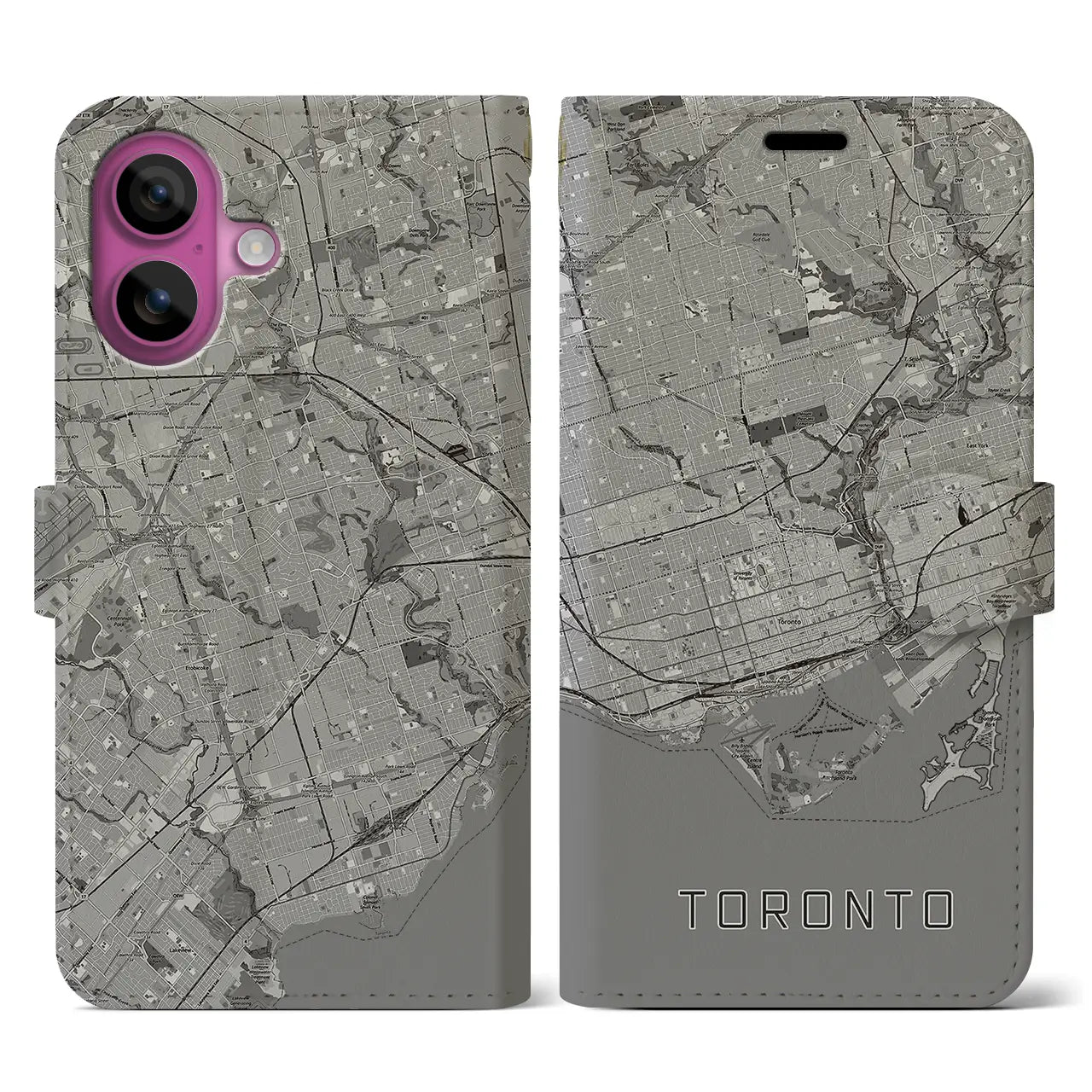 【トロント(カナダ)】地図柄iPhoneケース(手帳タイプ)モノトーン・iPhone 16 Pro 用