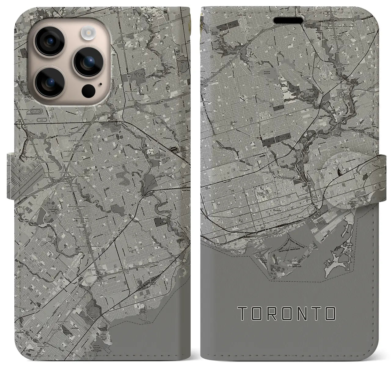 【トロント(カナダ)】地図柄iPhoneケース(手帳タイプ)モノトーン・iPhone 16 Plus 用