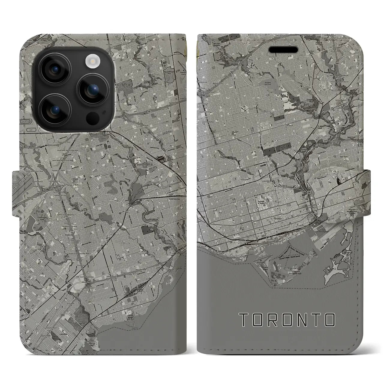 【トロント(カナダ)】地図柄iPhoneケース(手帳タイプ)モノトーン・iPhone 16 用