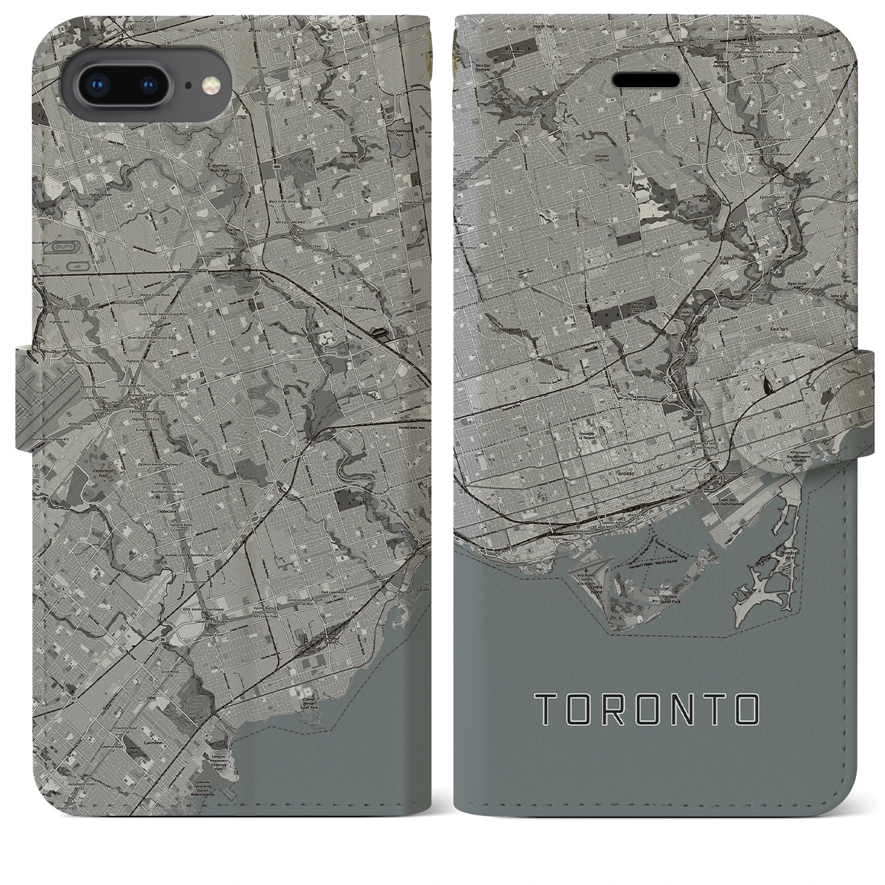 【トロント(カナダ)】地図柄iPhoneケース(手帳タイプ)モノトーン・iPhone 8Plus /7Plus / 6sPlus / 6Plus 用