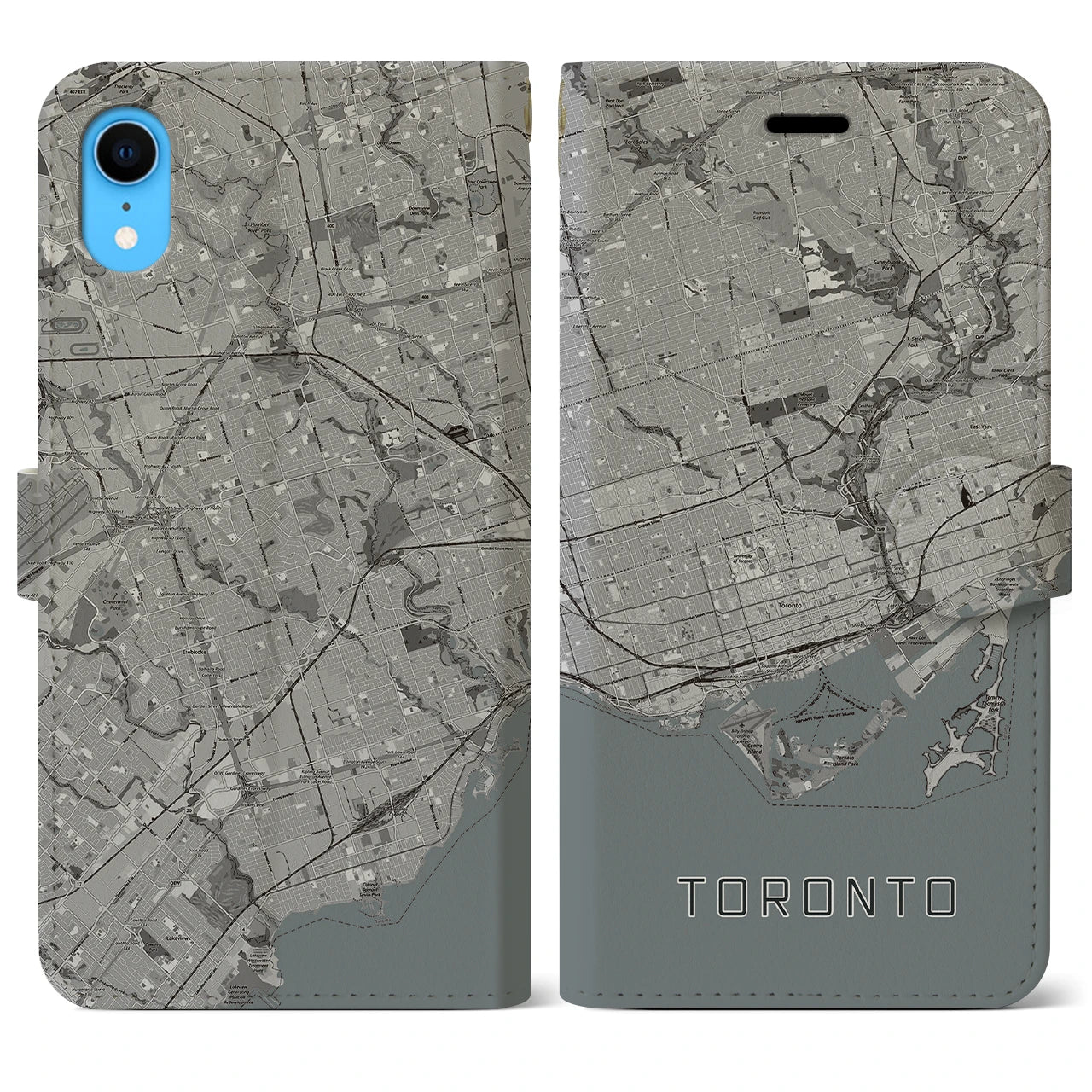 【トロント(カナダ)】地図柄iPhoneケース(手帳タイプ)モノトーン・iPhone XR 用