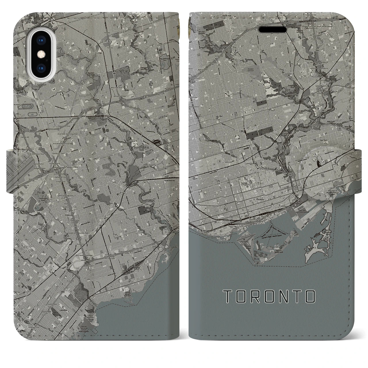 【トロント(カナダ)】地図柄iPhoneケース(手帳タイプ)モノトーン・iPhone XS Max 用
