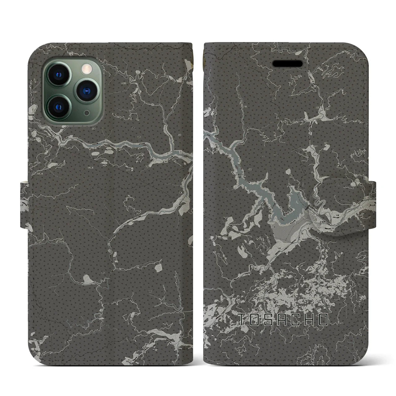 【土佐町(高知県)】地図柄iPhoneケース(手帳タイプ)モノトーン・iPhone 11 Pro 用