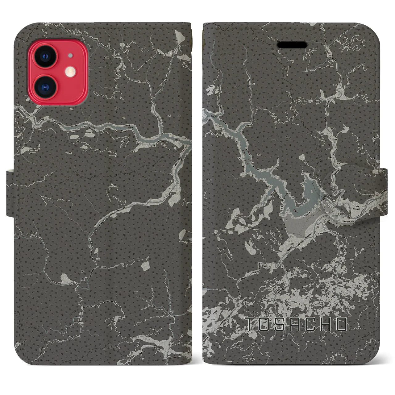 【土佐町(高知県)】地図柄iPhoneケース(手帳タイプ)モノトーン・iPhone 11 用