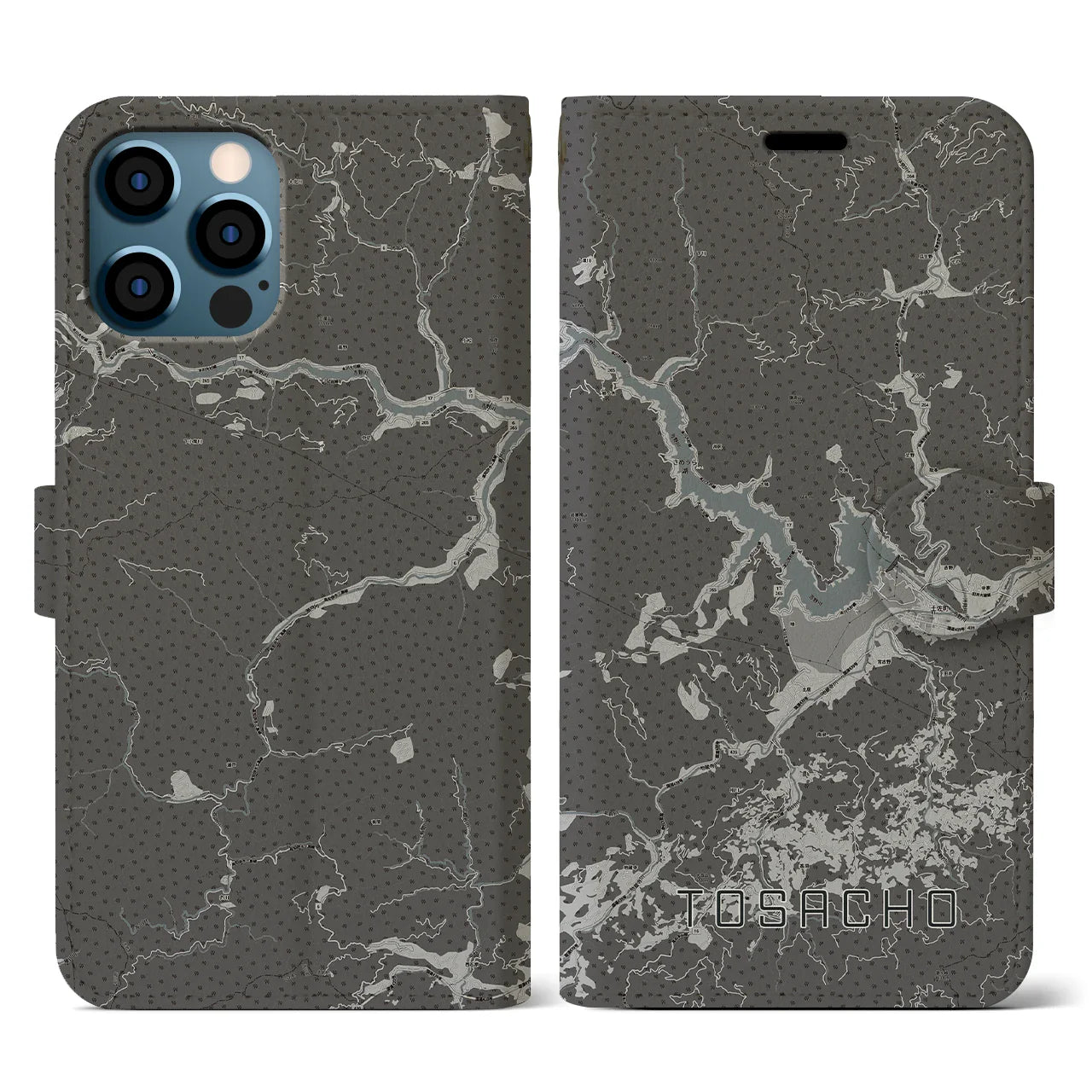 【土佐町(高知県)】地図柄iPhoneケース(手帳タイプ)モノトーン・iPhone 12 / 12 Pro 用