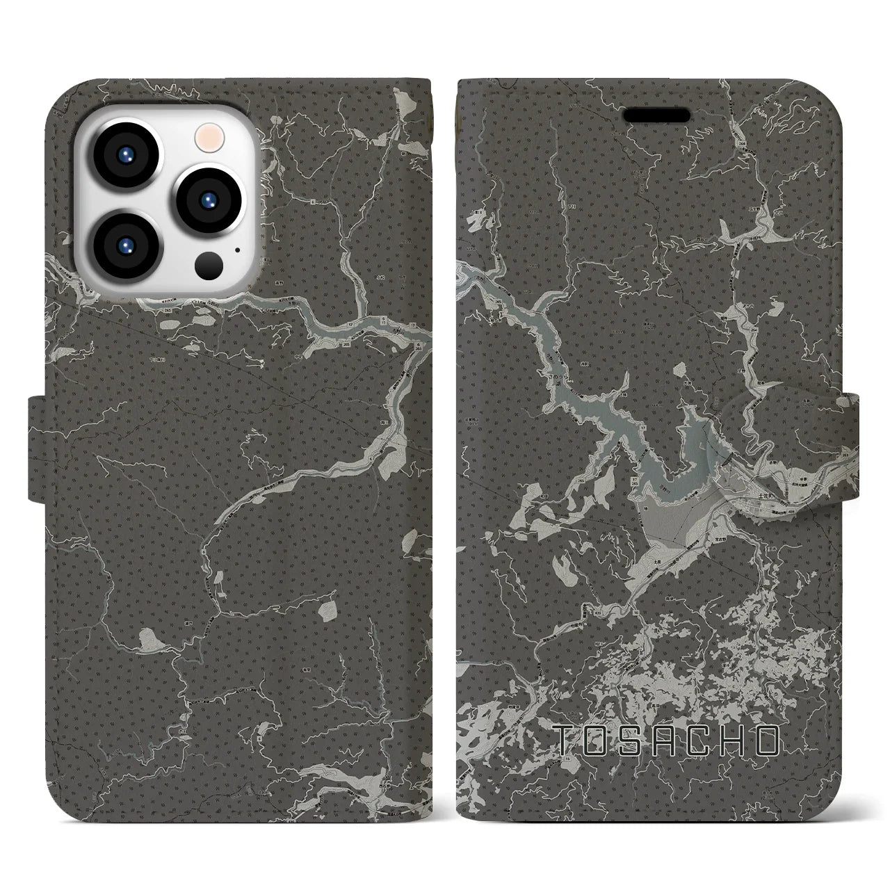 【土佐町(高知県)】地図柄iPhoneケース(手帳タイプ)モノトーン・iPhone 13 Pro 用