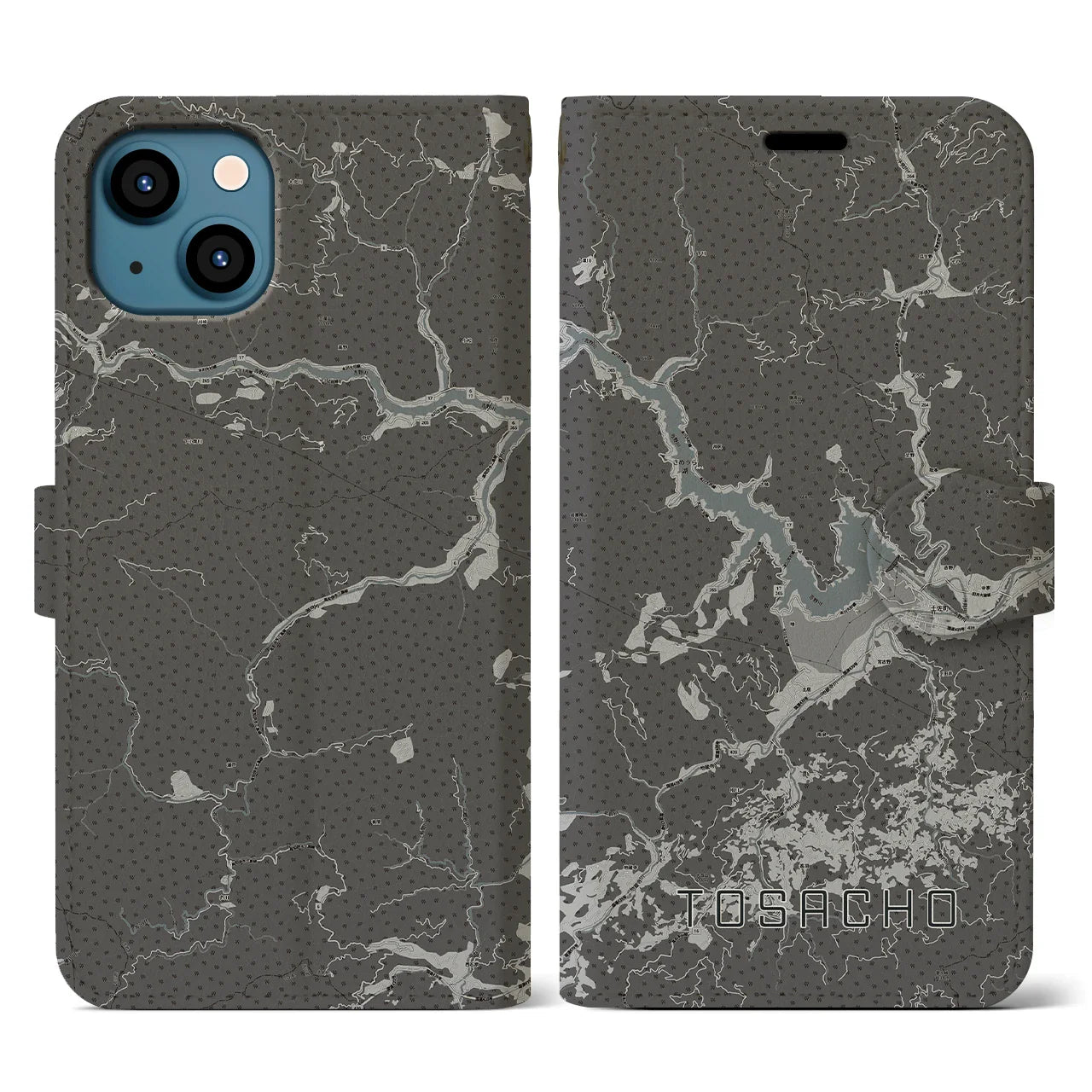 【土佐町(高知県)】地図柄iPhoneケース(手帳タイプ)モノトーン・iPhone 13 用