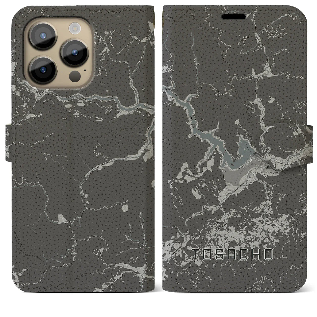 【土佐町(高知県)】地図柄iPhoneケース(手帳タイプ)モノトーン・iPhone 14 Pro Max 用