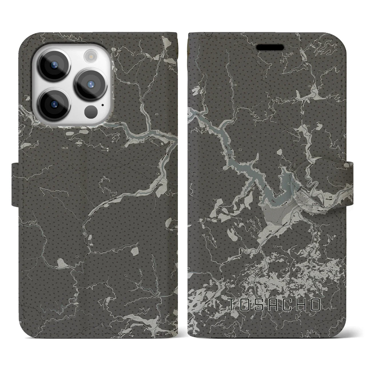 【土佐町(高知県)】地図柄iPhoneケース(手帳タイプ)モノトーン・iPhone 14 Pro 用