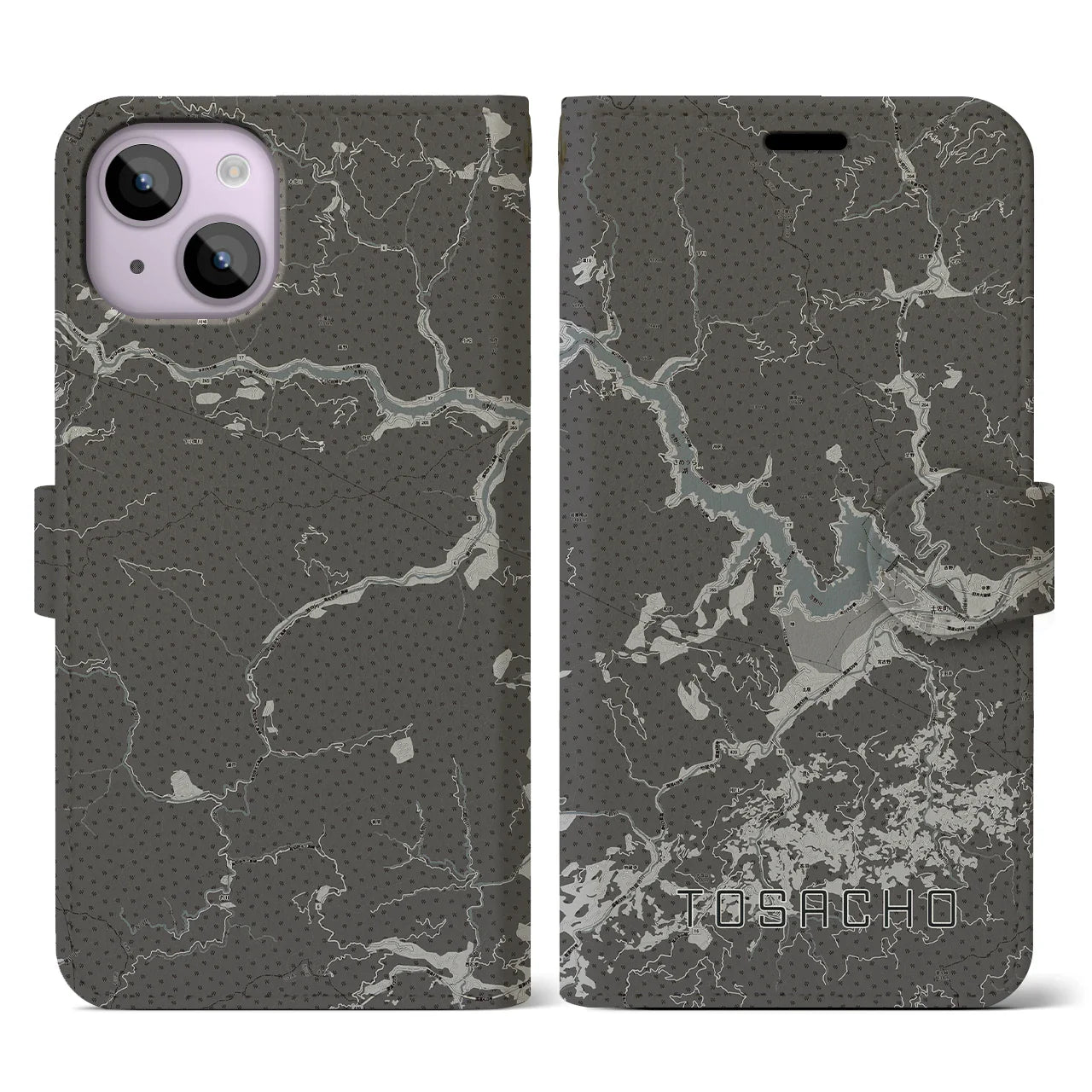 【土佐町(高知県)】地図柄iPhoneケース(手帳タイプ)モノトーン・iPhone 14 用