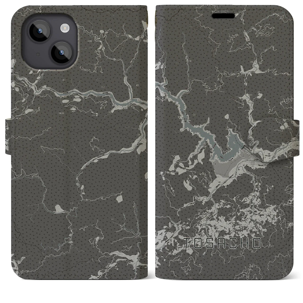 【土佐町(高知県)】地図柄iPhoneケース(手帳タイプ)モノトーン・iPhone 14 Plus 用