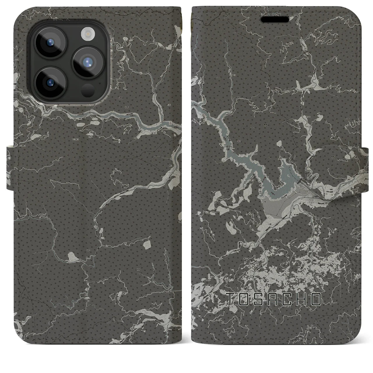 【土佐町(高知県)】地図柄iPhoneケース(手帳タイプ)モノトーン・iPhone 15 Pro Max 用
