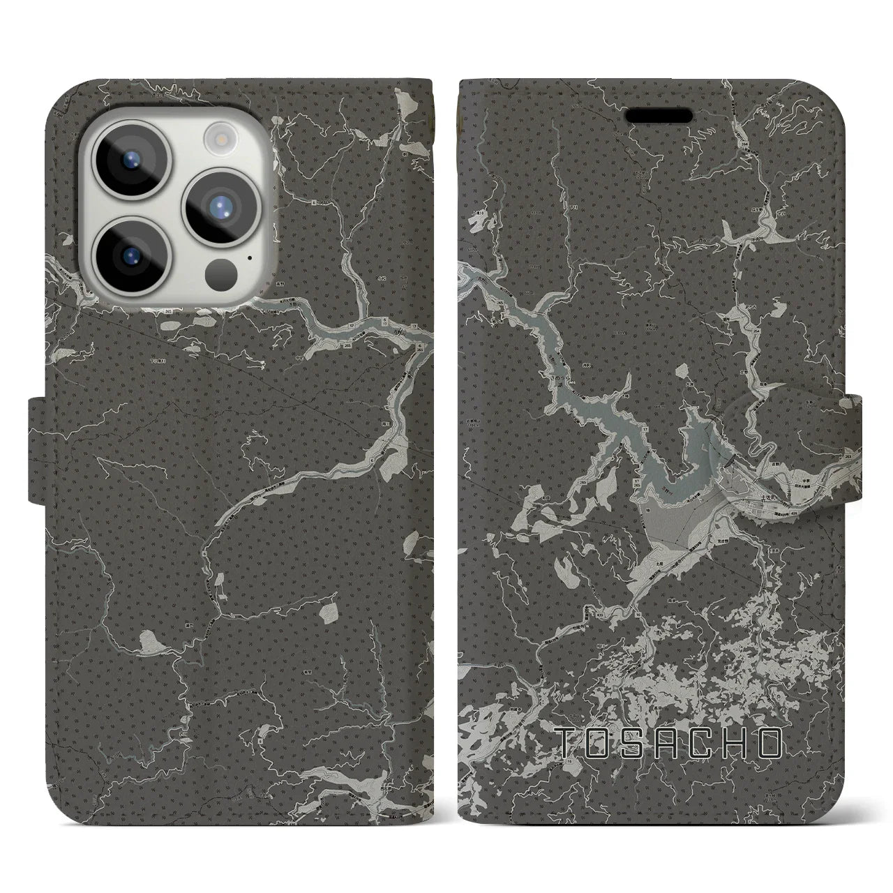 【土佐町(高知県)】地図柄iPhoneケース(手帳タイプ)モノトーン・iPhone 15 Pro 用