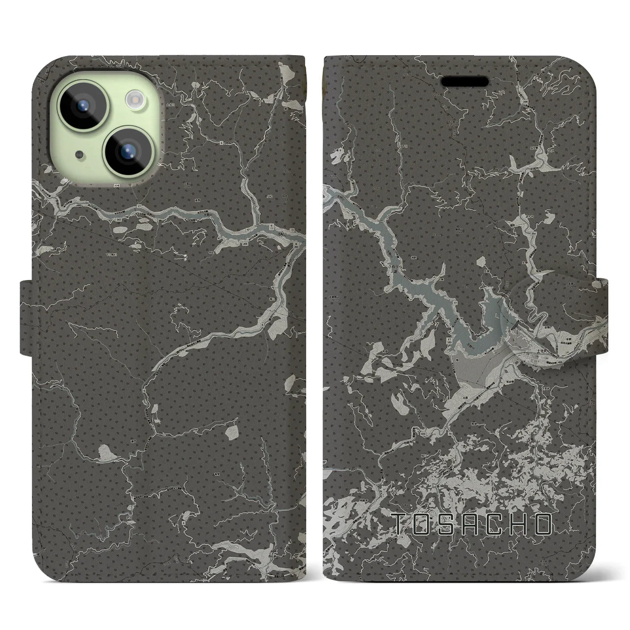 【土佐町(高知県)】地図柄iPhoneケース(手帳タイプ)モノトーン・iPhone 15 用