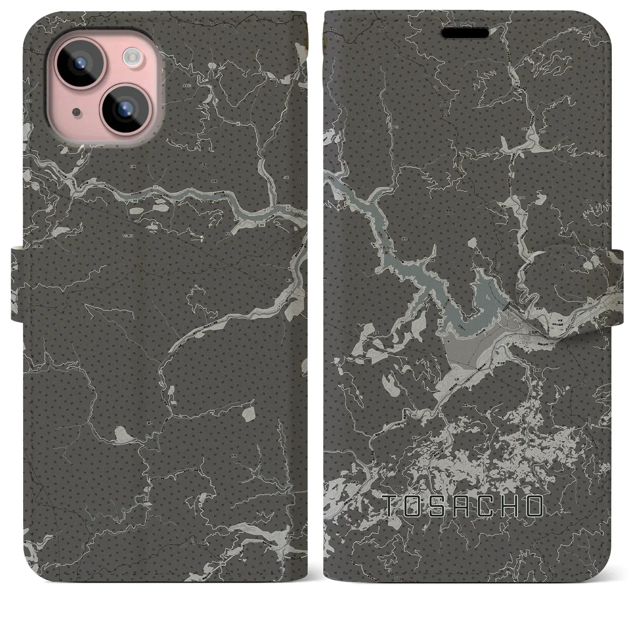 【土佐町(高知県)】地図柄iPhoneケース(手帳タイプ)モノトーン・iPhone 15 Plus 用