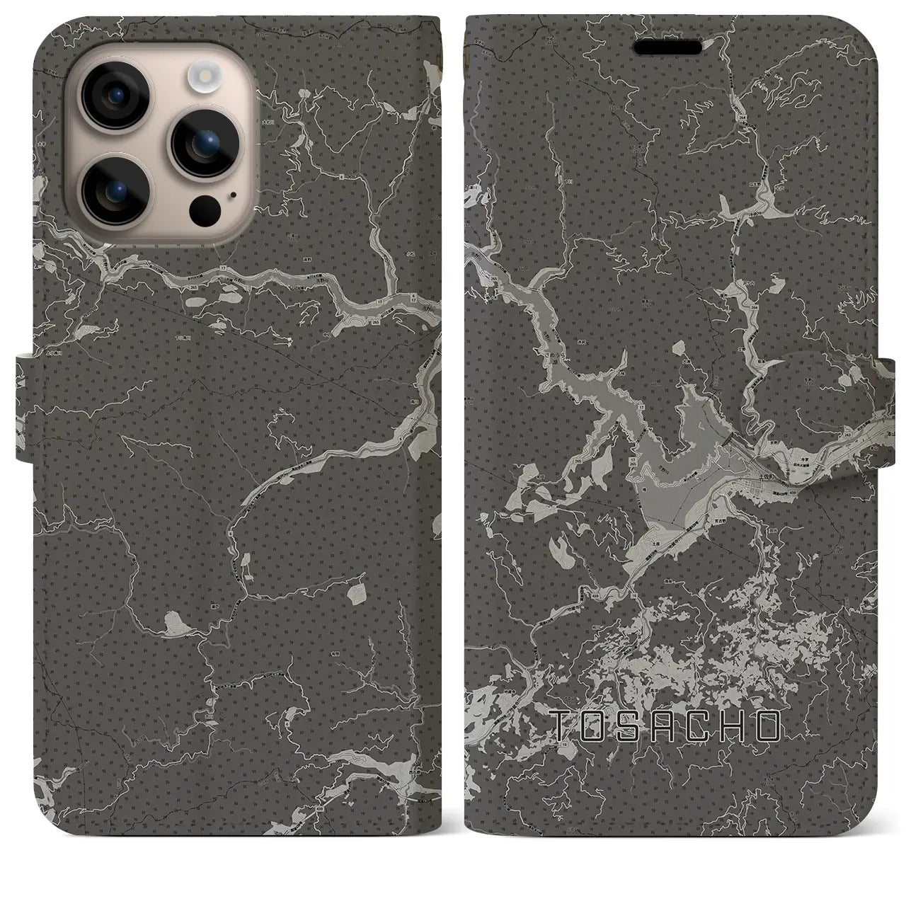 【土佐町(高知県)】地図柄iPhoneケース(手帳タイプ)モノトーン・iPhone 16 Plus 用