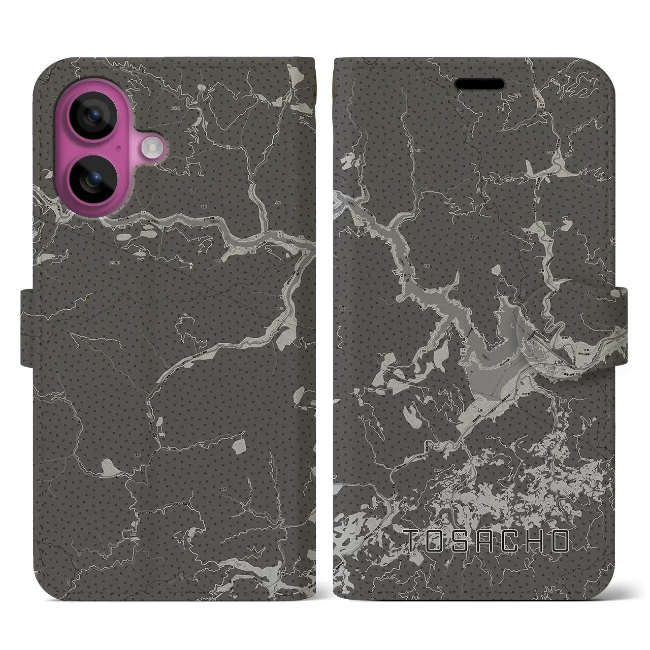 【土佐町(高知県)】地図柄iPhoneケース(手帳タイプ)モノトーン・iPhone 16 Pro 用