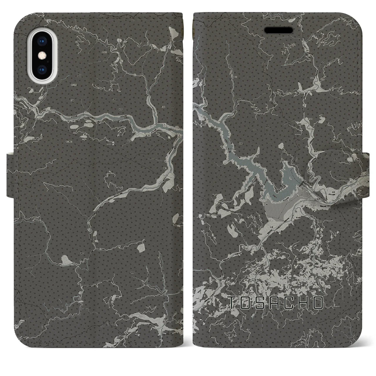【土佐町(高知県)】地図柄iPhoneケース(手帳タイプ)モノトーン・iPhone XS Max 用