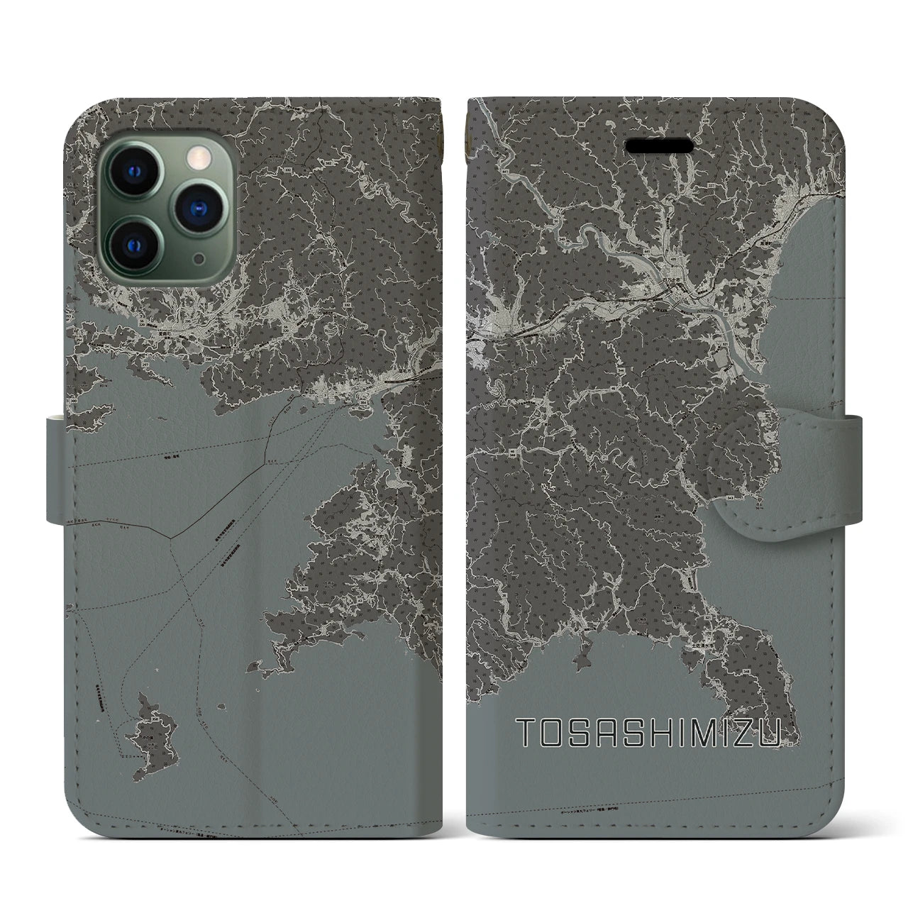 【土佐清水(高知県)】地図柄iPhoneケース(手帳タイプ)モノトーン・iPhone 11 Pro 用