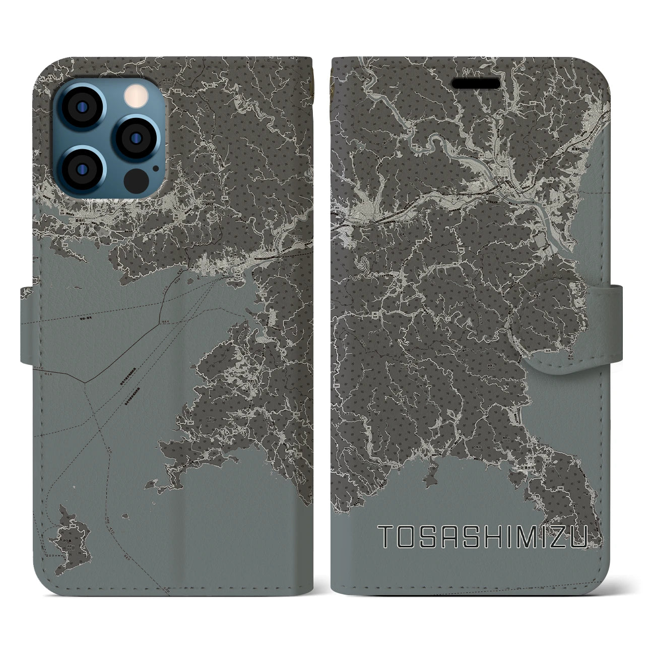 【土佐清水(高知県)】地図柄iPhoneケース(手帳タイプ)モノトーン・iPhone 12 / 12 Pro 用
