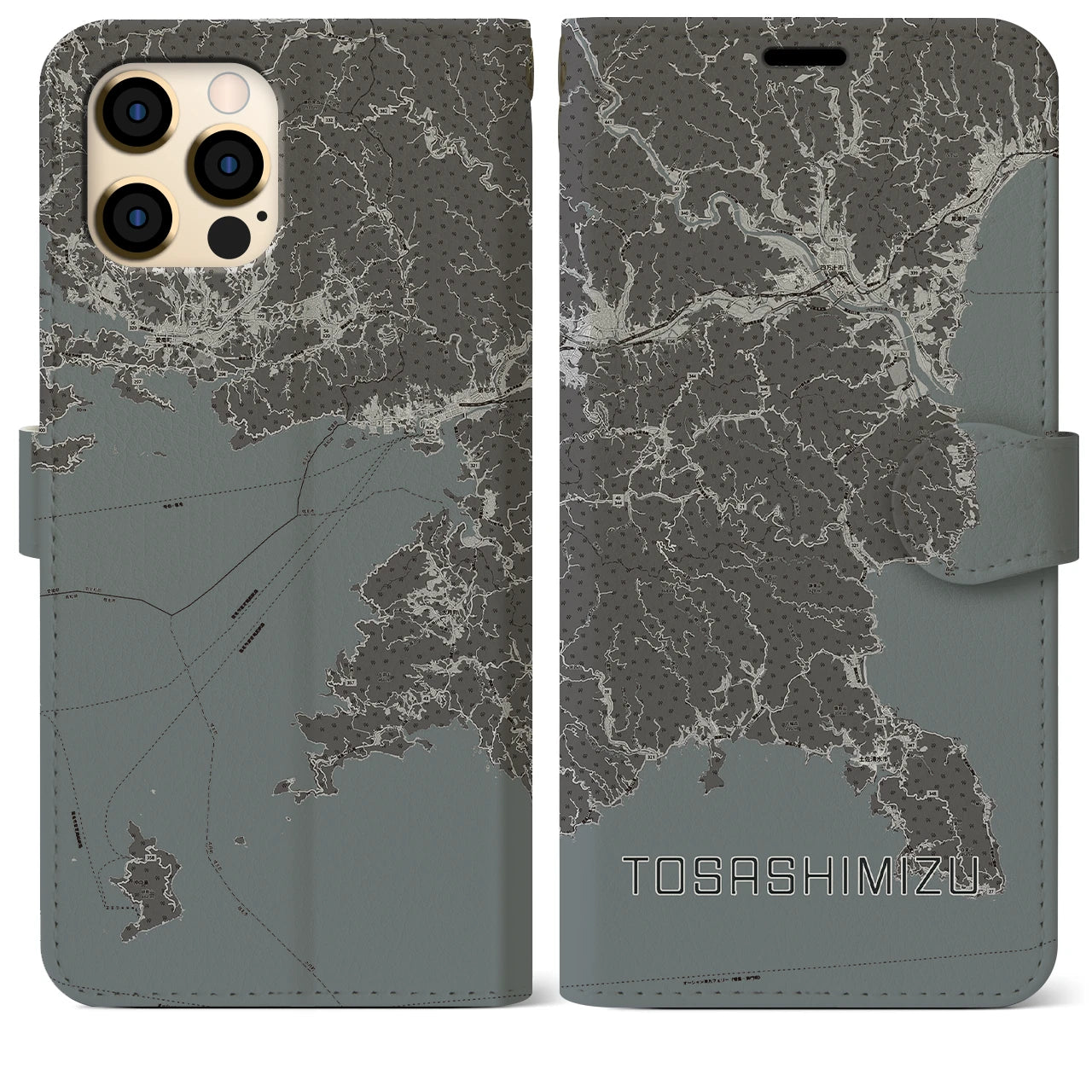 【土佐清水(高知県)】地図柄iPhoneケース(手帳タイプ)モノトーン・iPhone 12 Pro Max 用