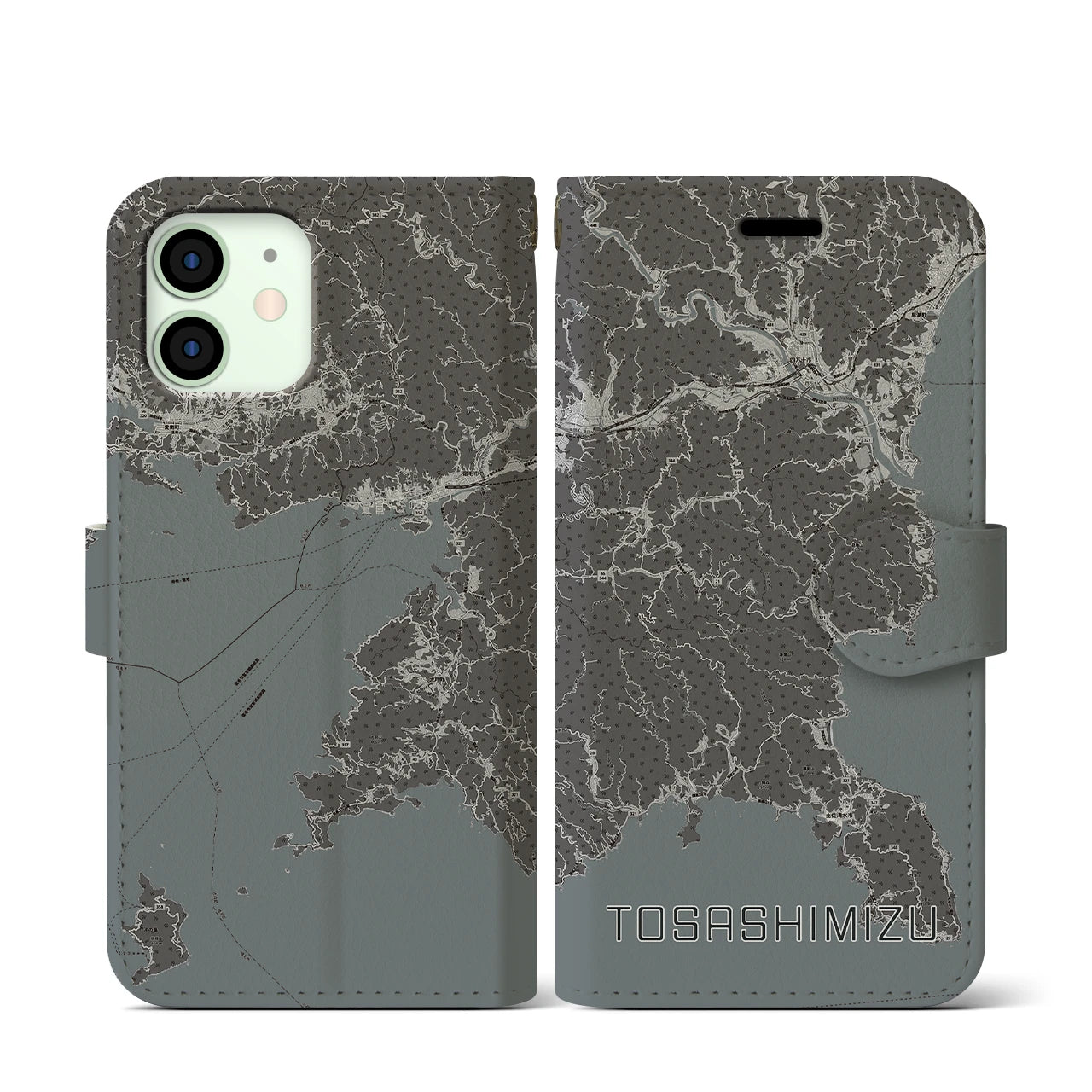 【土佐清水(高知県)】地図柄iPhoneケース(手帳タイプ)モノトーン・iPhone 12 mini 用