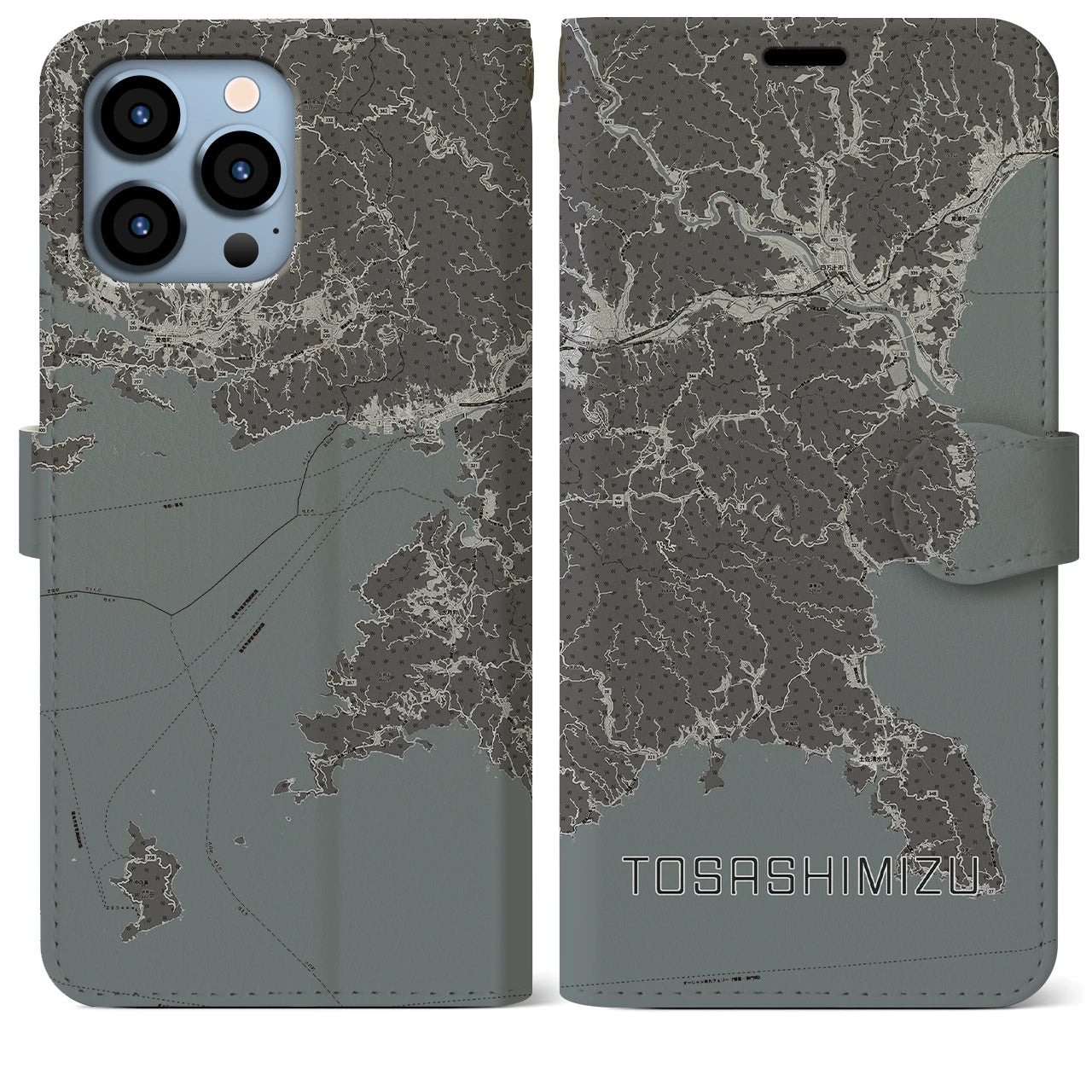【土佐清水(高知県)】地図柄iPhoneケース(手帳タイプ)モノトーン・iPhone 13 Pro Max 用
