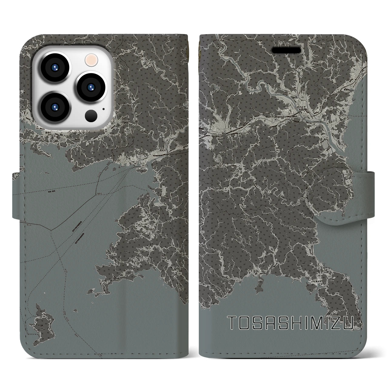 【土佐清水(高知県)】地図柄iPhoneケース(手帳タイプ)モノトーン・iPhone 13 Pro 用