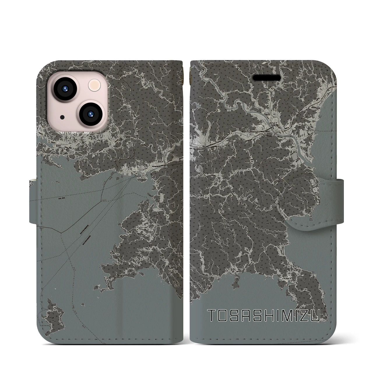 【土佐清水(高知県)】地図柄iPhoneケース(手帳タイプ)モノトーン・iPhone 13 mini 用