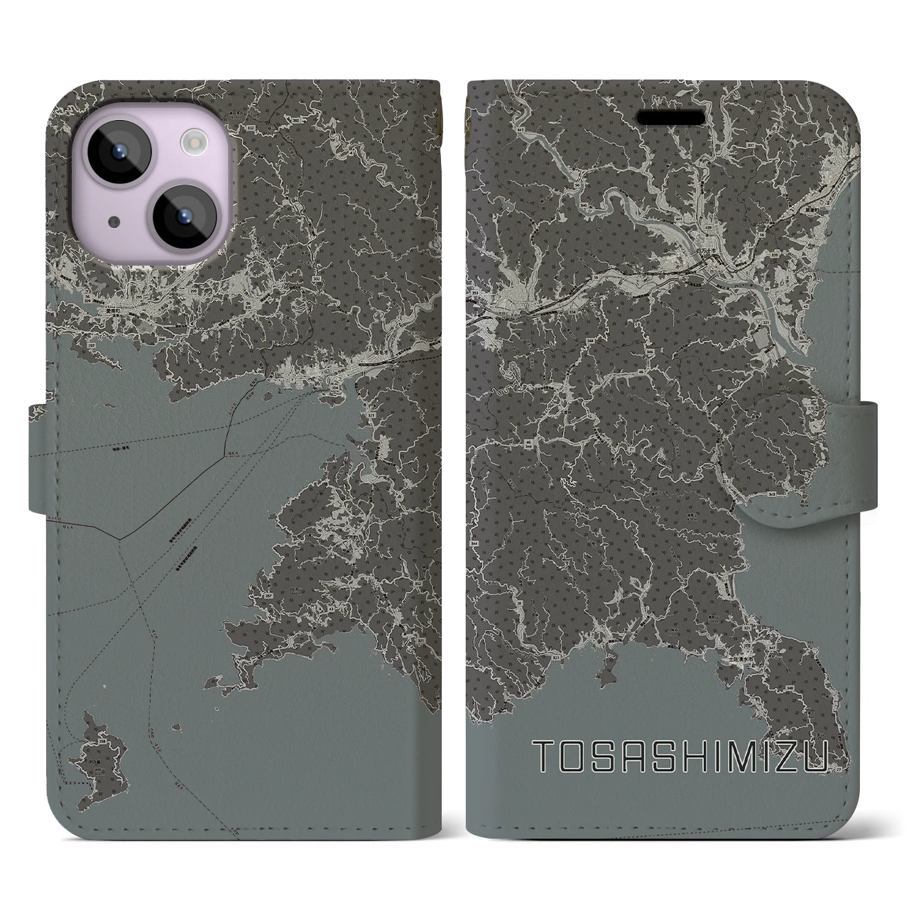 【土佐清水(高知県)】地図柄iPhoneケース(手帳タイプ)モノトーン・iPhone 14 用