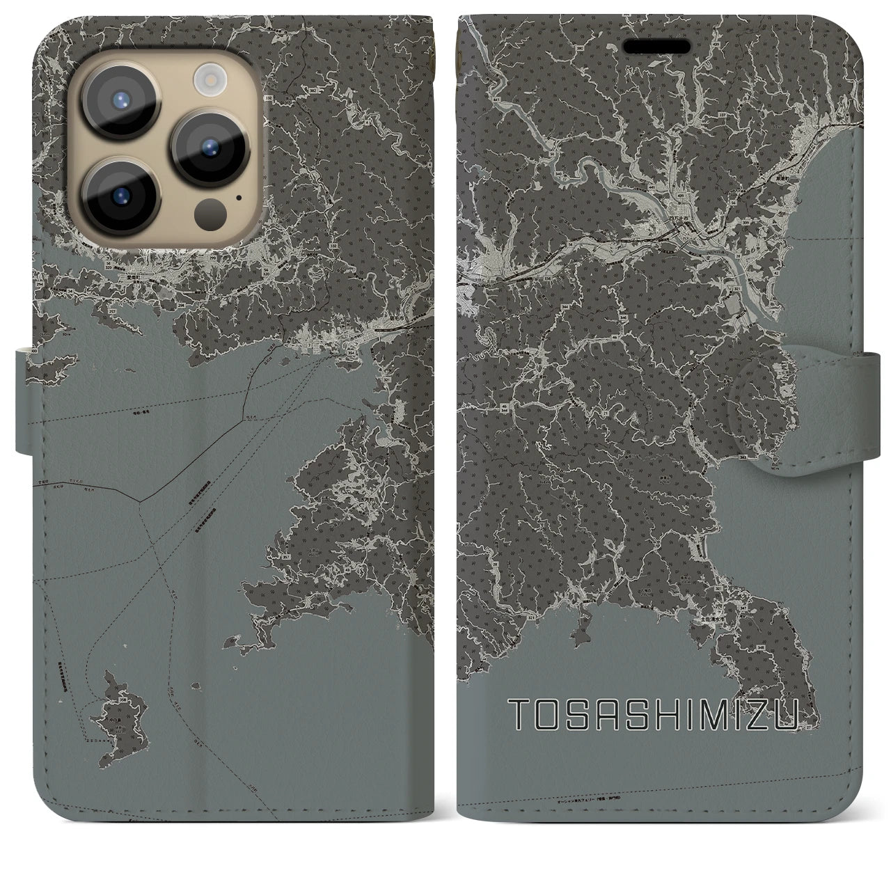 【土佐清水(高知県)】地図柄iPhoneケース(手帳タイプ)モノトーン・iPhone 14 Pro Max 用