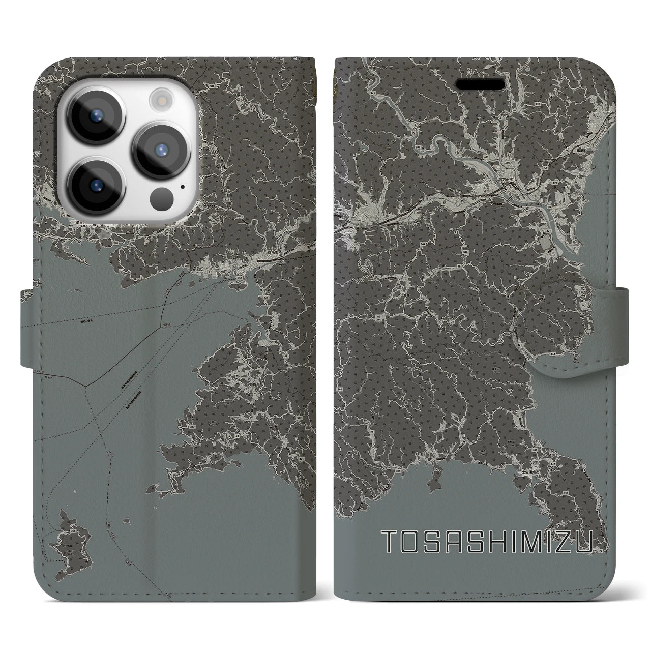 【土佐清水(高知県)】地図柄iPhoneケース(手帳タイプ)モノトーン・iPhone 14 Pro 用