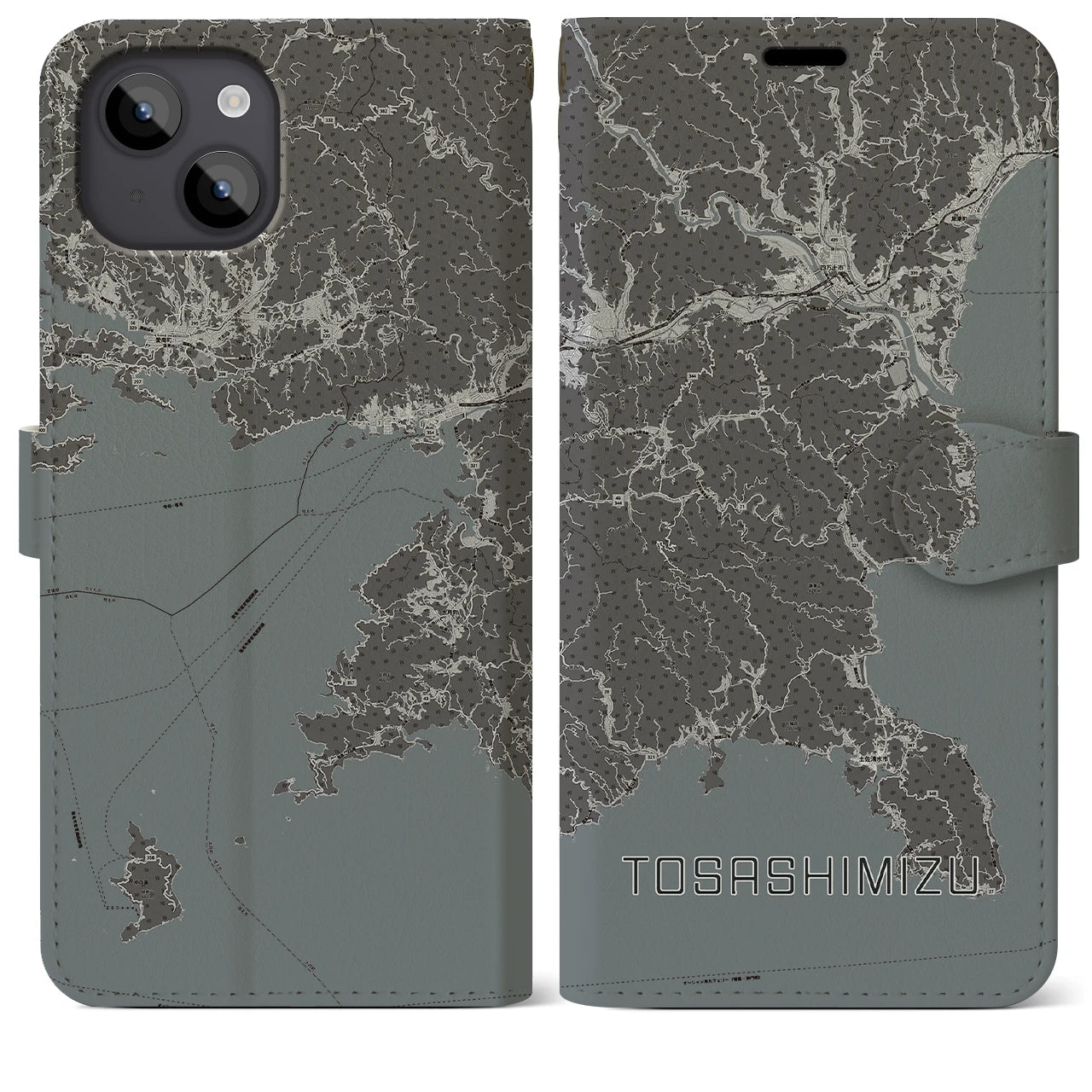 【土佐清水(高知県)】地図柄iPhoneケース(手帳タイプ)モノトーン・iPhone 14 Plus 用