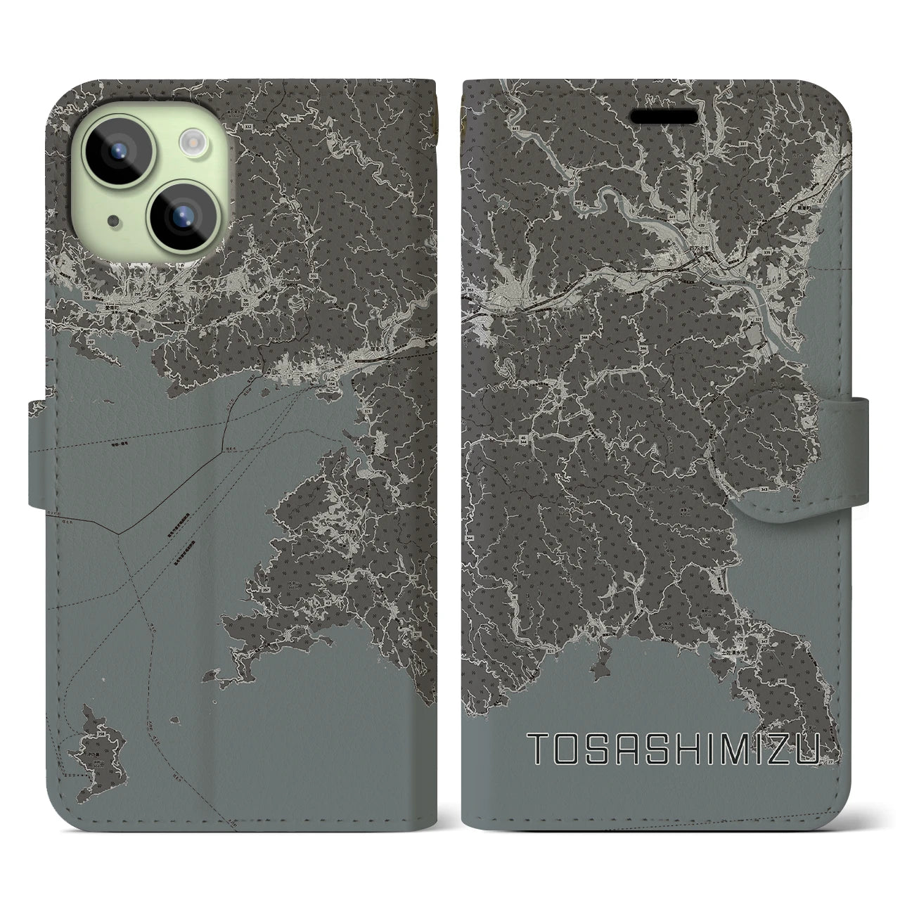 【土佐清水(高知県)】地図柄iPhoneケース(手帳タイプ)モノトーン・iPhone 15 用