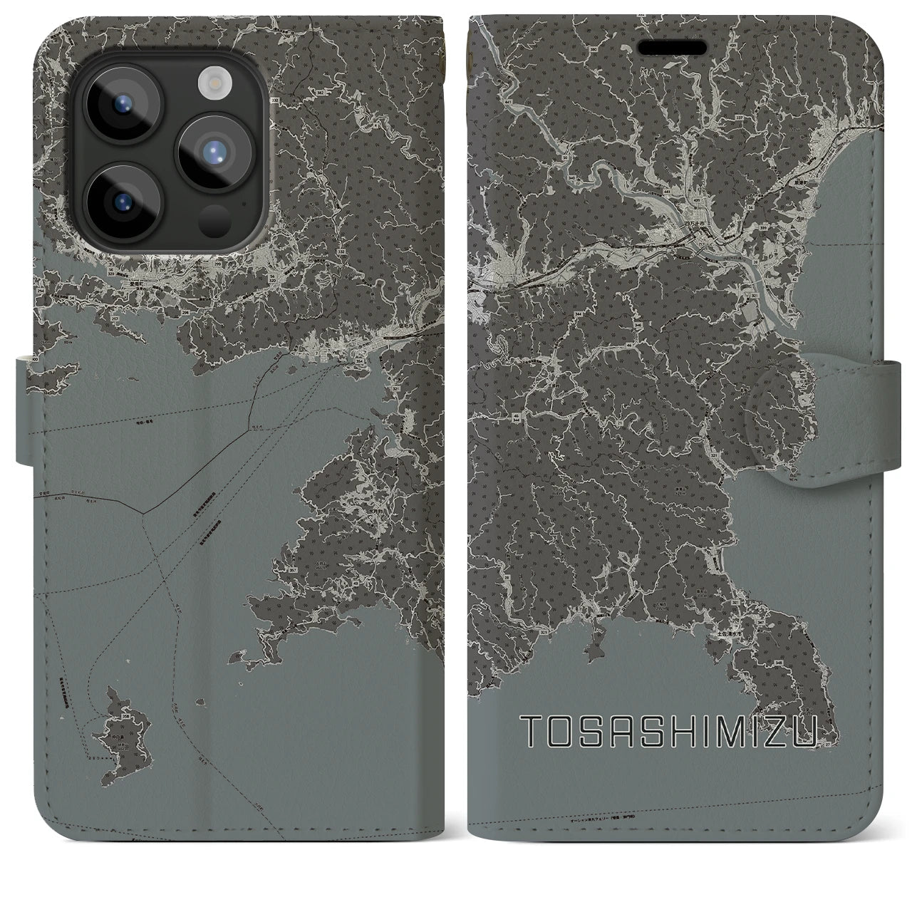 【土佐清水(高知県)】地図柄iPhoneケース(手帳タイプ)モノトーン・iPhone 15 Pro Max 用