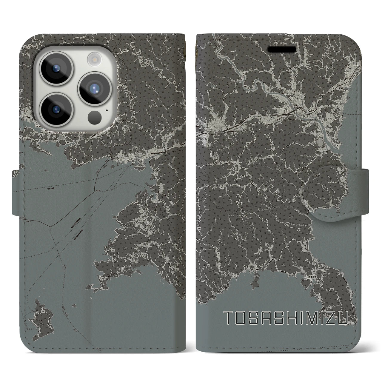 【土佐清水(高知県)】地図柄iPhoneケース(手帳タイプ)モノトーン・iPhone 15 Pro 用