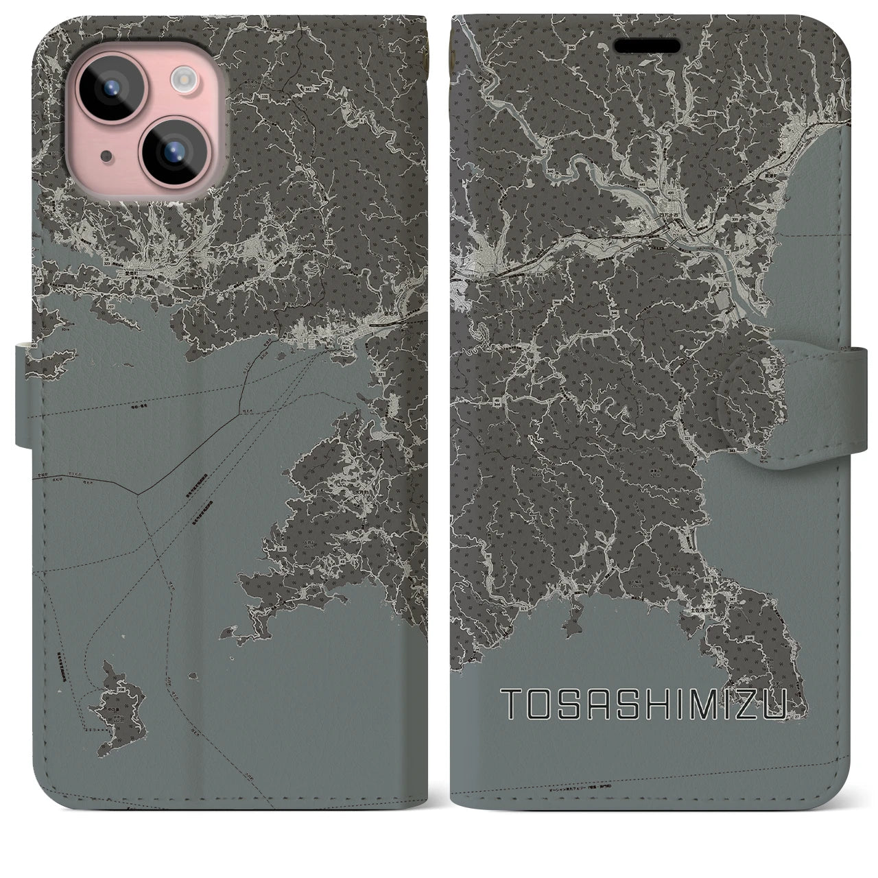 【土佐清水(高知県)】地図柄iPhoneケース(手帳タイプ)モノトーン・iPhone 15 Plus 用