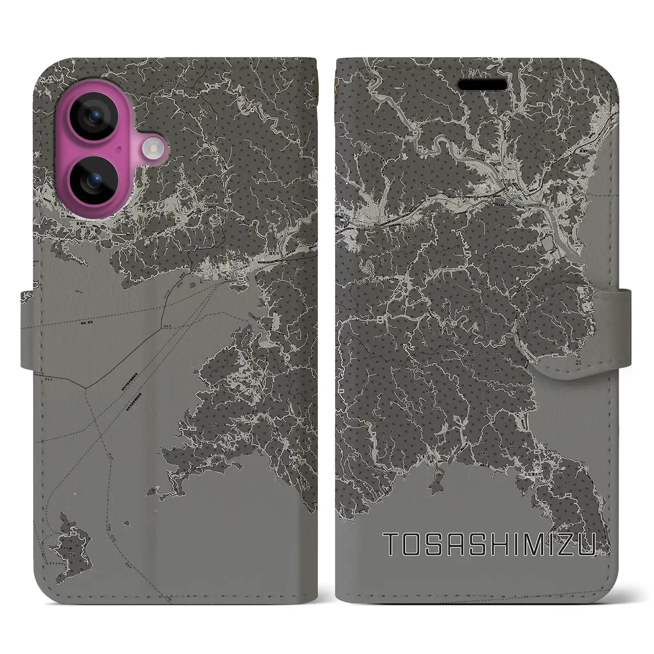 【土佐清水(高知県)】地図柄iPhoneケース(手帳タイプ)モノトーン・iPhone 16 Pro 用