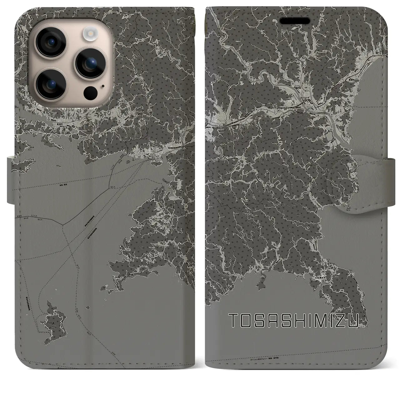 【土佐清水(高知県)】地図柄iPhoneケース(手帳タイプ)モノトーン・iPhone 16 Plus 用