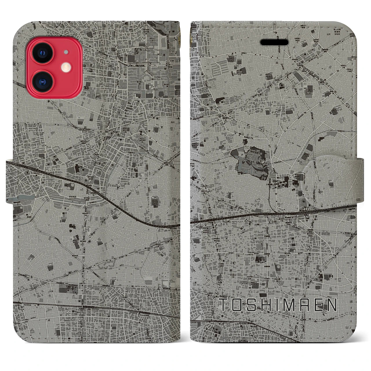 【豊島園(東京都)】地図柄iPhoneケース(手帳タイプ)モノトーン・iPhone 11 用