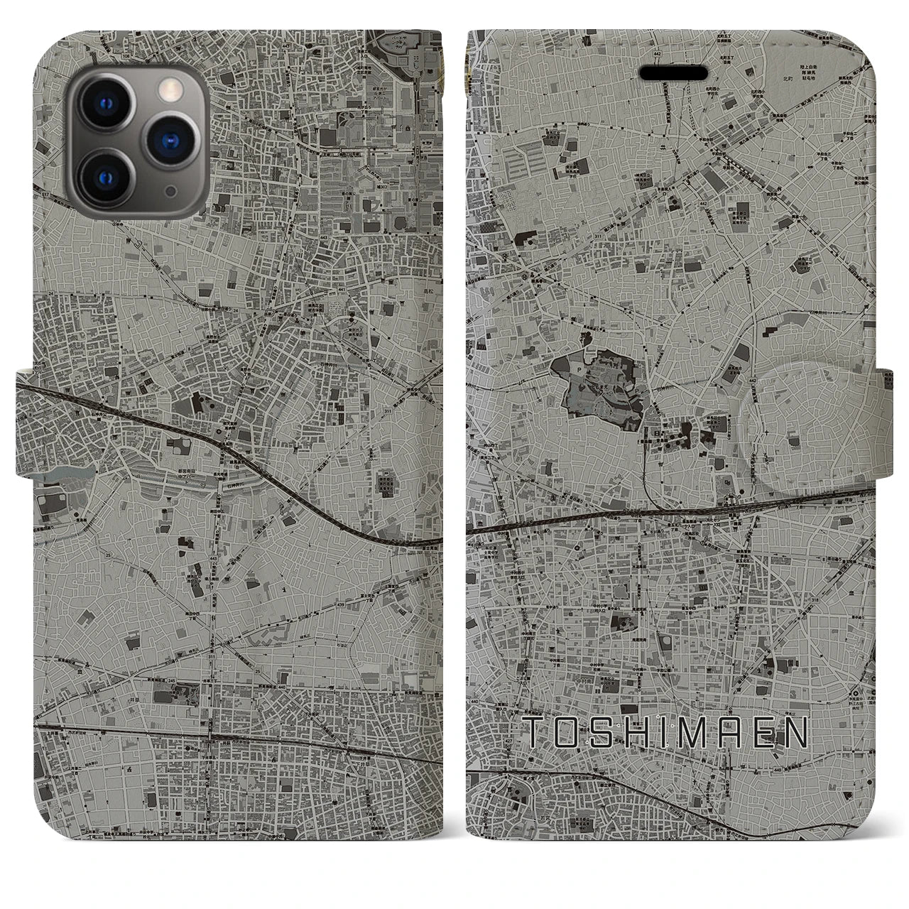 【豊島園(東京都)】地図柄iPhoneケース(手帳タイプ)モノトーン・iPhone 11 Pro Max 用