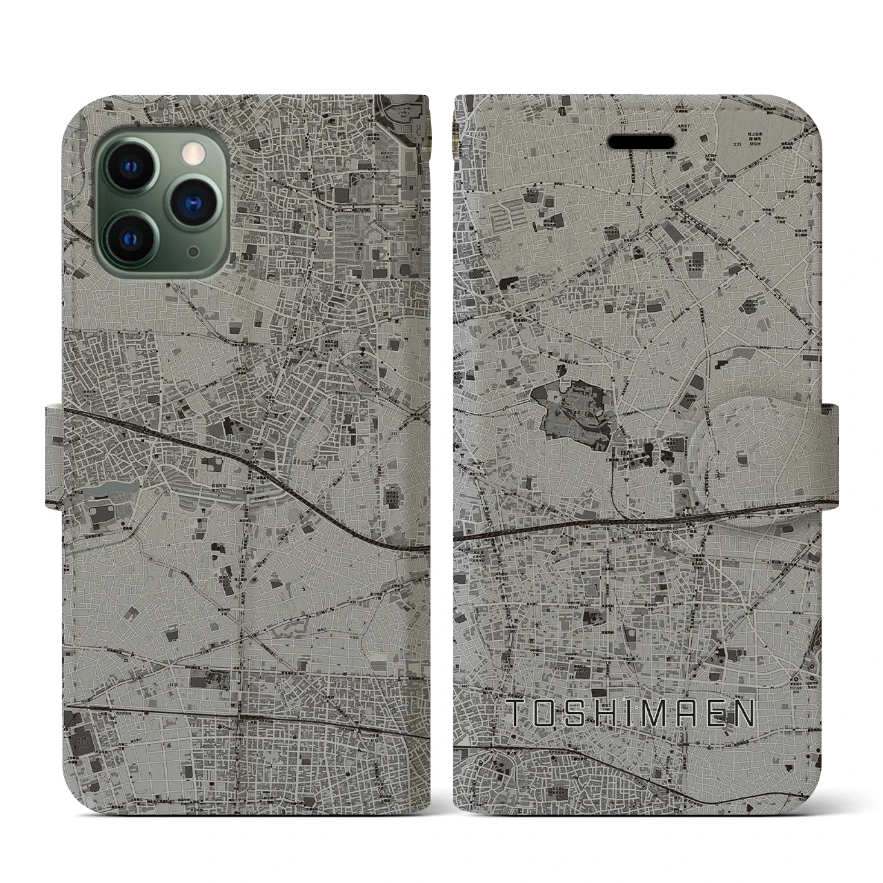 【豊島園(東京都)】地図柄iPhoneケース(手帳タイプ)モノトーン・iPhone 11 Pro 用